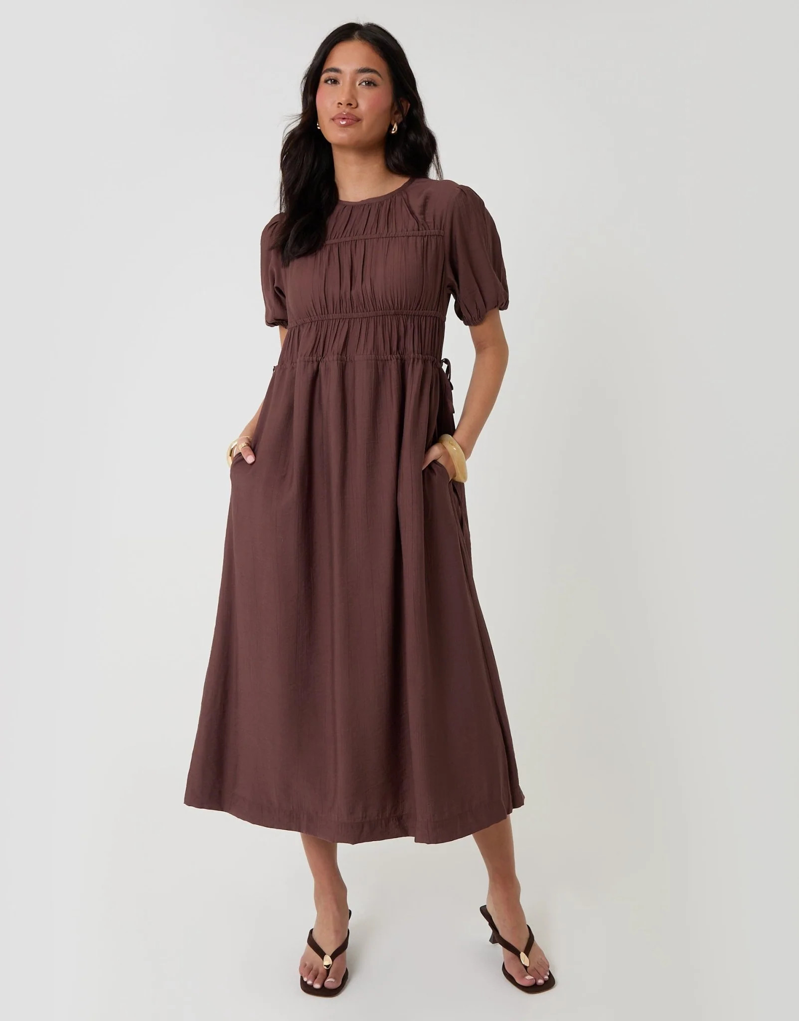 Ruched Drawstring Puff Sleeve Midi Dress in Chocolate Brown | Threadbare UK