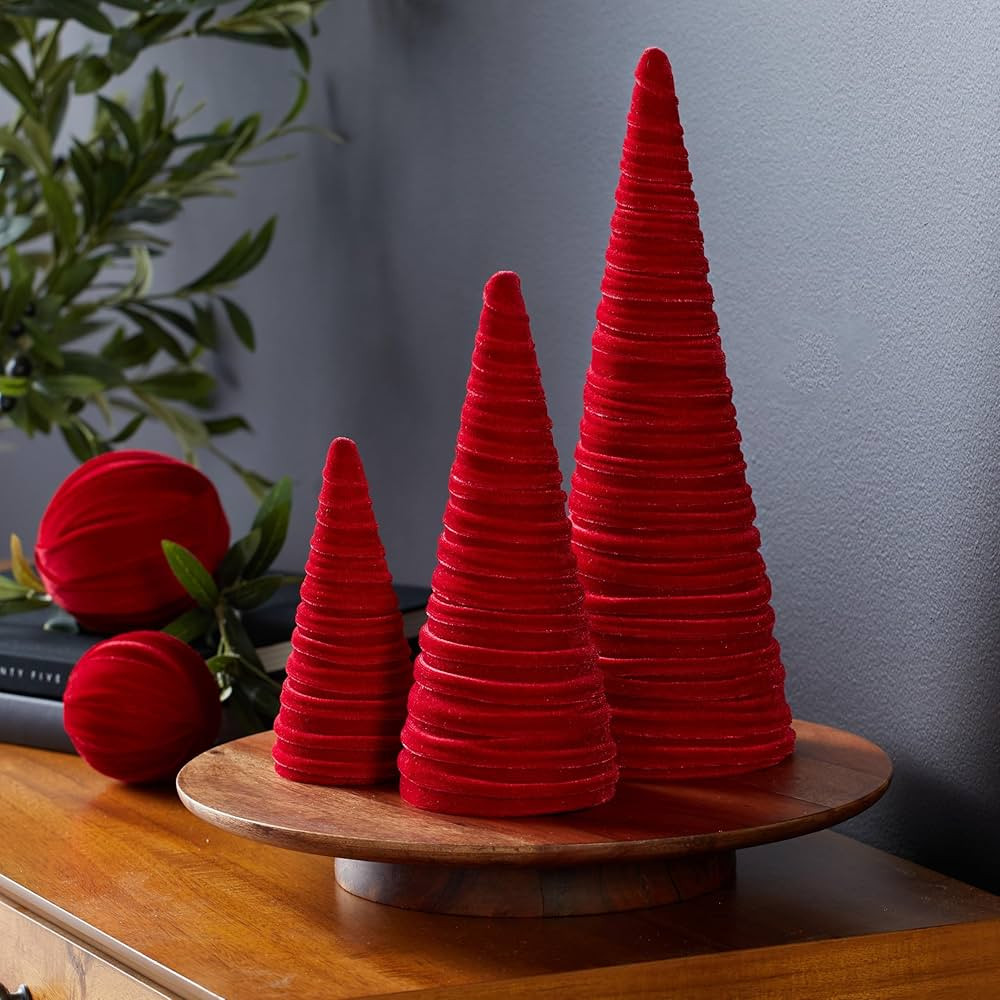 Red Velvet Cones Set of 3, Mantel decor, Holiday Entryway, Rustic Winter Home, Valentine's, Moder... | Amazon (US)