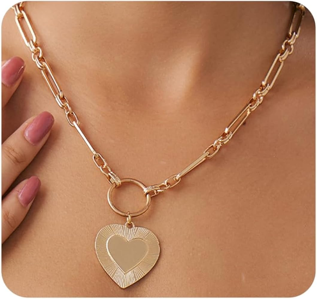 Quivox Chunky Heart Pendant Statement Necklace,Vintage Plated Gold Love Paperclip Chain Choker,Ex... | Amazon (US)