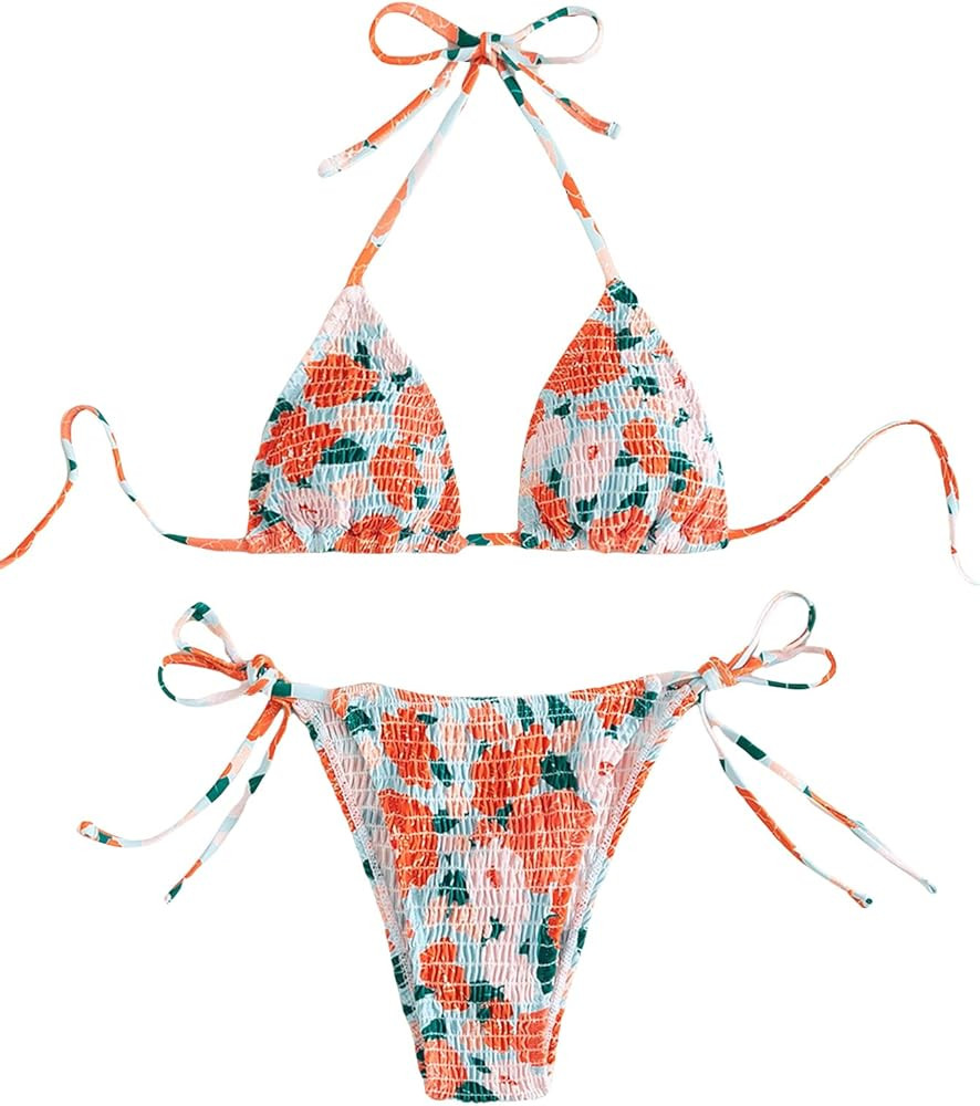 COZYEASE Women's 2 Piece Floral Bikini Sets Smocked Drawstring Side Triangle Halter Sexy Cute Swi... | Amazon (US)