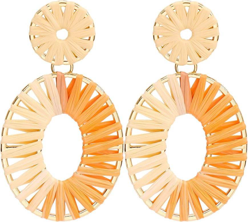 BaubleStar Raffia Tassel Hoop Drop Earrings Handmade Fashion Statement Jewelry for Women Girls | Amazon (US)