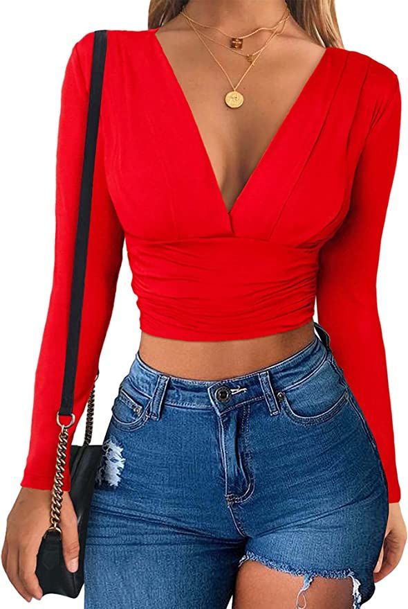 FENSACE Womens Deep V Neck Long Sleeve Ruched Unique Sexy Slim Fit Crop Top Tee T-Shirt | Amazon (US)