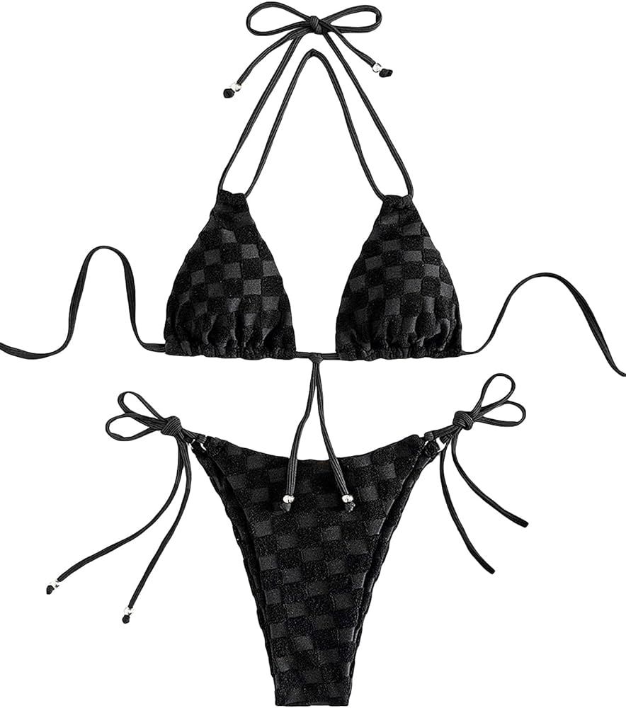 COZYEASE Bikini Sets for Women Solid Halter String Thong Bikini Bathing Suits 2 Piece Swimsuit | Amazon (US)