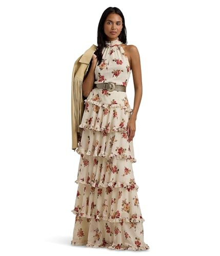 Lauren Ralph Lauren Womens Floral Crinkle Georgette Tiered Gown Cream Multi 16 | Amazon (US)