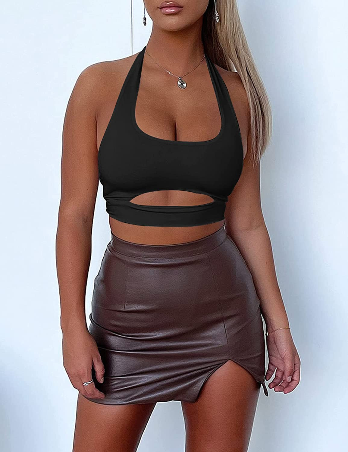 Mokoru Women's Sexy Halter Sleeveless Cut Out Crop Tops Square Neck Double Layer Backless Tank Ca... | Amazon (US)