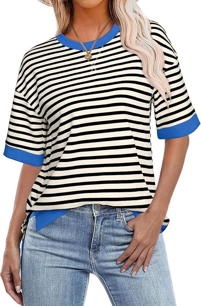 Glamaker Short Sleeve Lightweight Sweatshirt for Women Crewneck Striped Shirt Pullover Tops Loose... | Amazon (US)