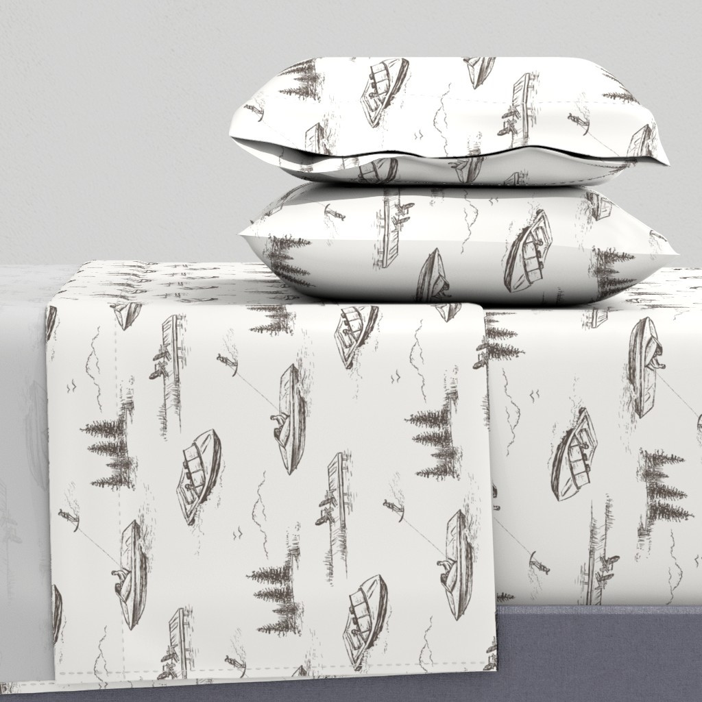 Lake House Wallpaper of Water Skiers on Boat in Brown & Ivory Sheet Set | Spoonflower | Spoonflower