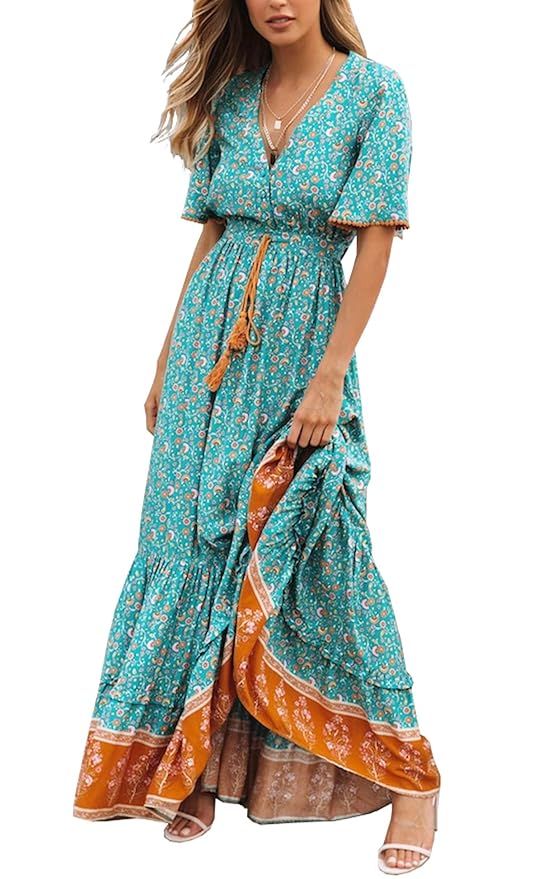 R.Vivimos Womens Summer Cotton Short Sleeve V Neck Floral Print Casual Bohemian Long Dresses | Amazon (US)