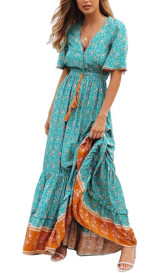 R.Vivimos Womens Summer Cotton Short Sleeve V Neck Floral Print Casual Bohemian Long Dresses | Amazon (US)