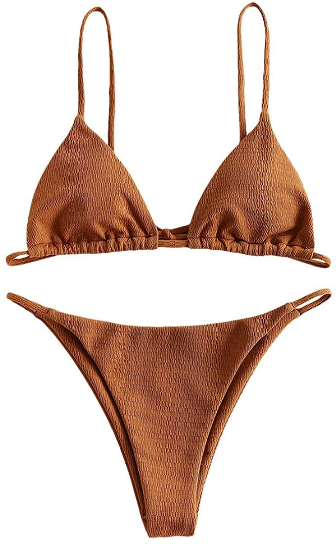 ZAFUL Women's Textured Tie String Bikini Swimwear Triangle Smocked Bikini Cheeky Brazilian Swimsu... | Amazon (US)