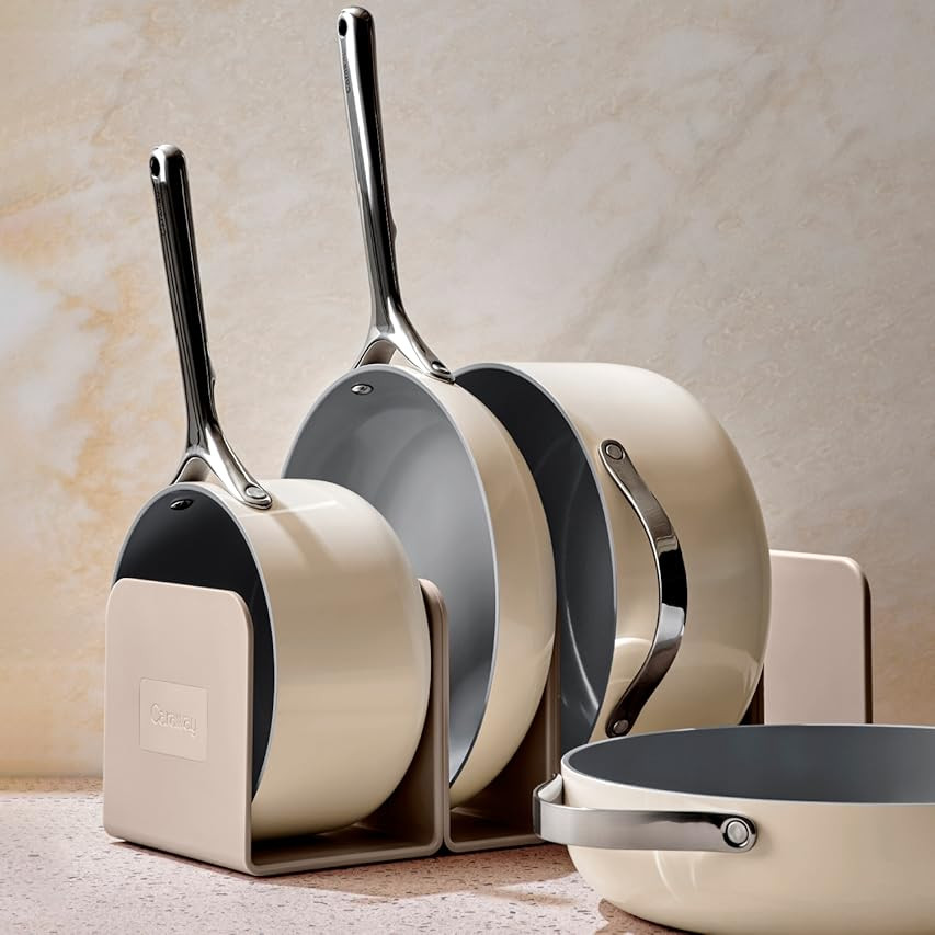 Caraway Nonstick Ceramic Cookware Set (12 Piece) Pots, Pans, 3 Lids and Kitchen Storage - Non Tox... | Amazon (US)