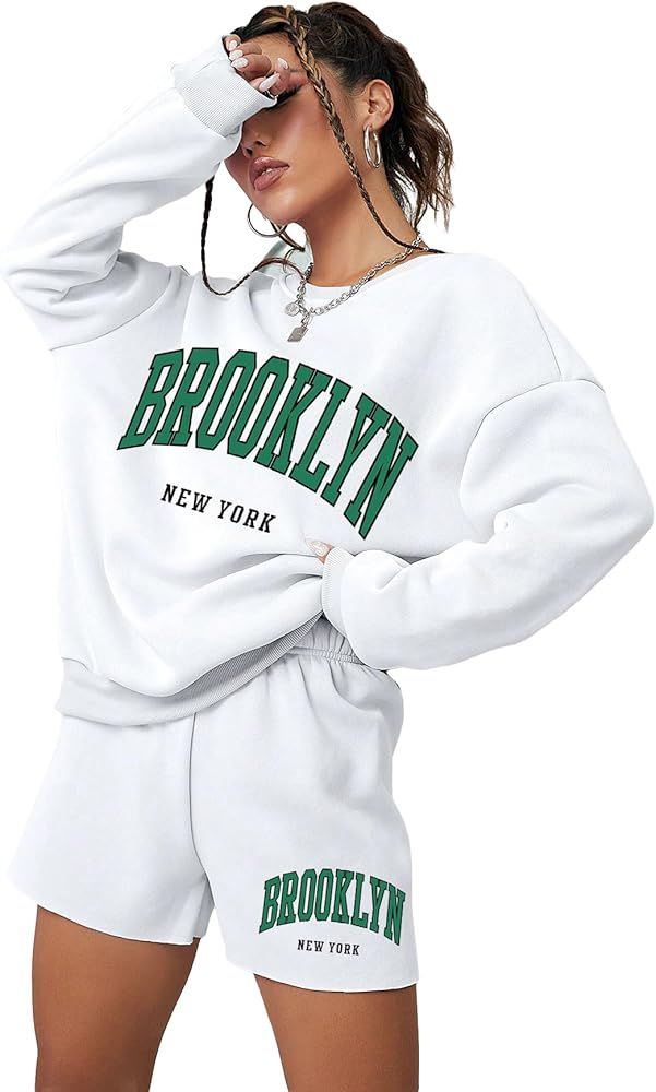 Women's 2 Piece Sweatsuits Graphic Letter Crewneck Sweatshirt Pullover and Shorts Tracksuits | Amazon (US)