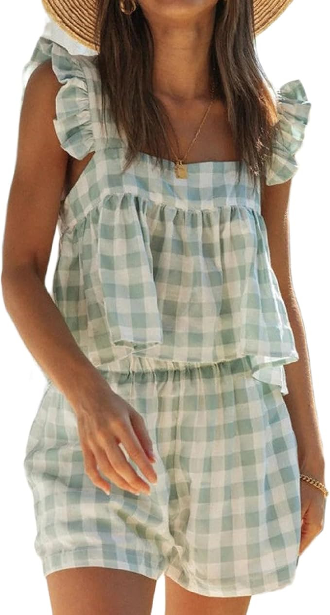 ROAONOCOMO Women Summer Floral Pajama Set Ruffle Trim Cami Top Coquette Pj Set Gingham Babydoll 2... | Amazon (US)
