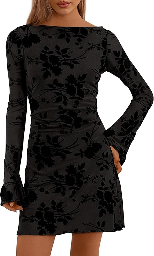 PRETTYGARDEN Women's 2025 Fall Fashion Floral Long Sleeve Mini Dress Mesh Bodycon Short Party Dat... | Amazon (US)