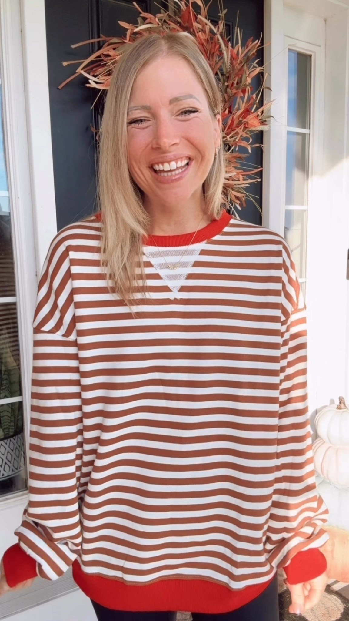 Striped top but make it Fall 🍂

Wearing my true size small
Perfect length for leggings 🙌 

FP inspired 
Look for less
Amazon 
