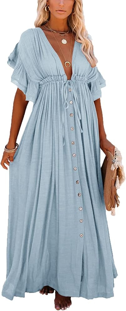 Fisoew Women's Button Down V Neck Ruffle Flowy Maxi Dress Drawstring Empire Waist Long Dress with... | Amazon (US)