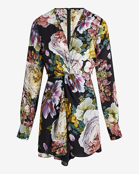 Floral V-Neck Long Sleeve Twist Front Romper | Express