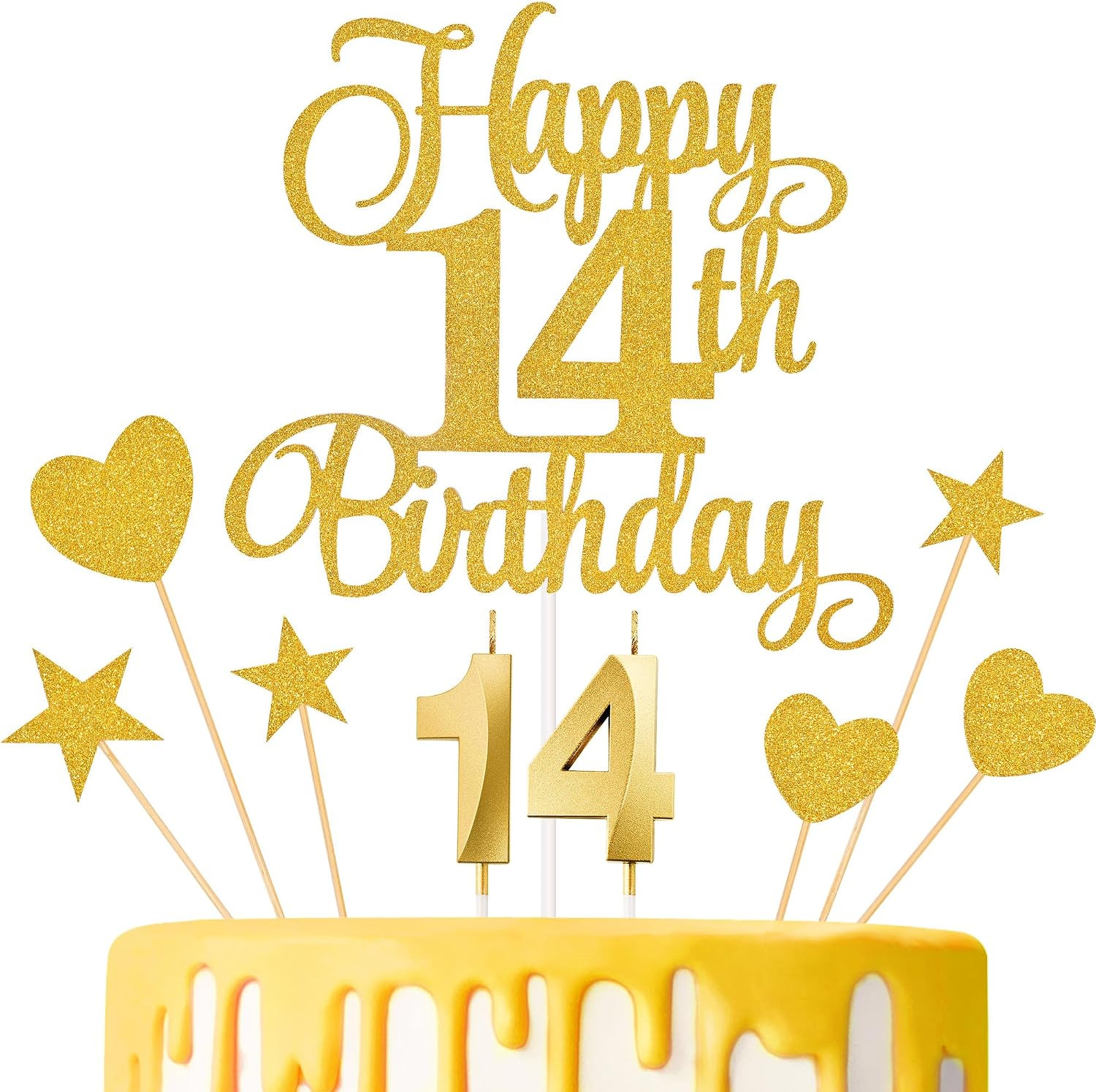 14th Birthday Cake Decorations, 14th Birthday Candles Cake Numeral Candles and Glitter Happy 14th Birthday Cake Toppers Set for Birthday Party Supplies (Gold) | Amazon (US)