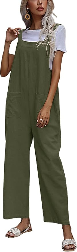 APAFES Women's Fashion Cotton Linen Green Bib Overalls Loose Fit Dual Pocket Jumpsuit Romper | Amazon (US)
