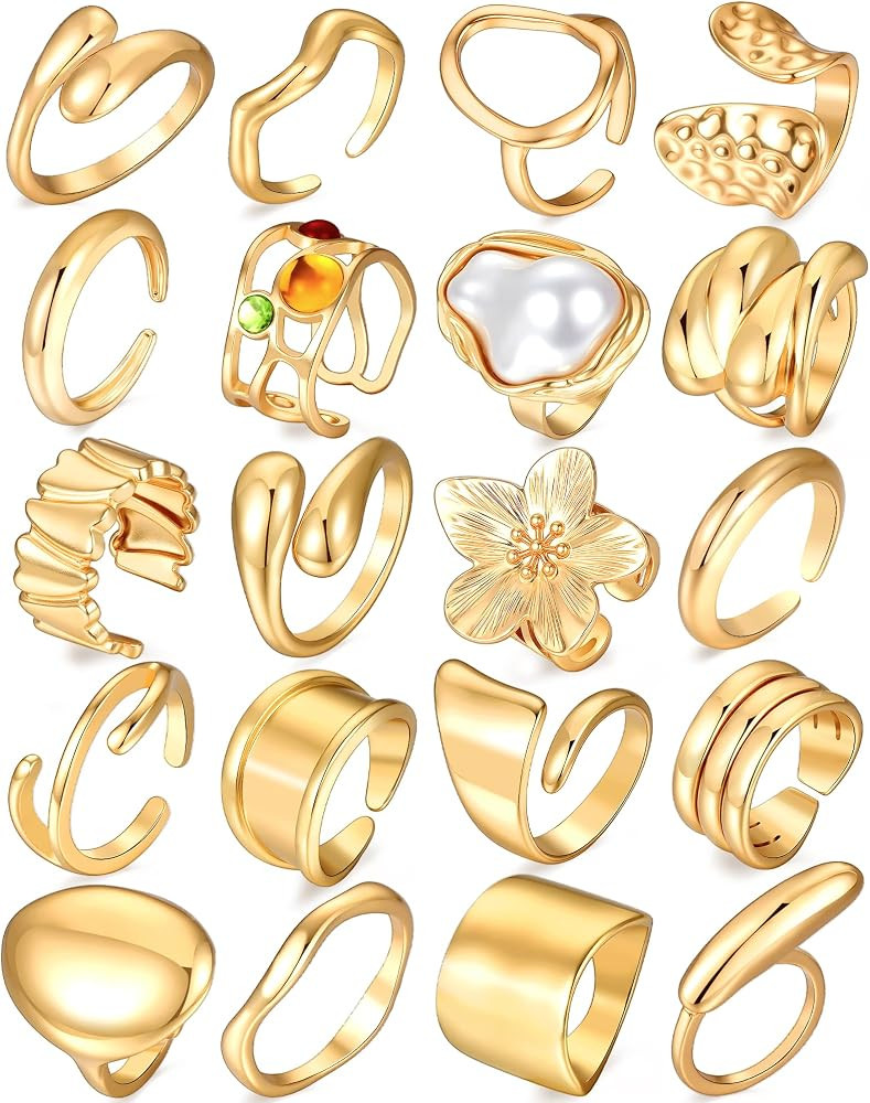 YEEZII 20 Pcs Gold Ring Set for Women, Chunky Statement Flower Finger Midi Rings, Big Boho Stacki... | Amazon (US)
