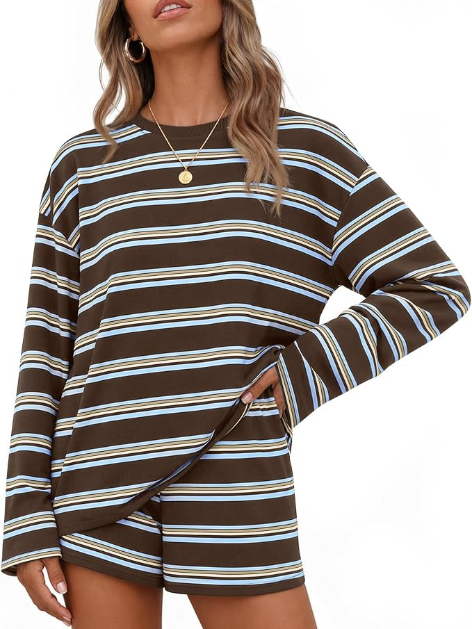 ZESICA Womens 2 Piece Striped Short Sets Fall Lounge Outfit | Long Sleeve Tops and Shorts, Loose ... | Amazon (US)
