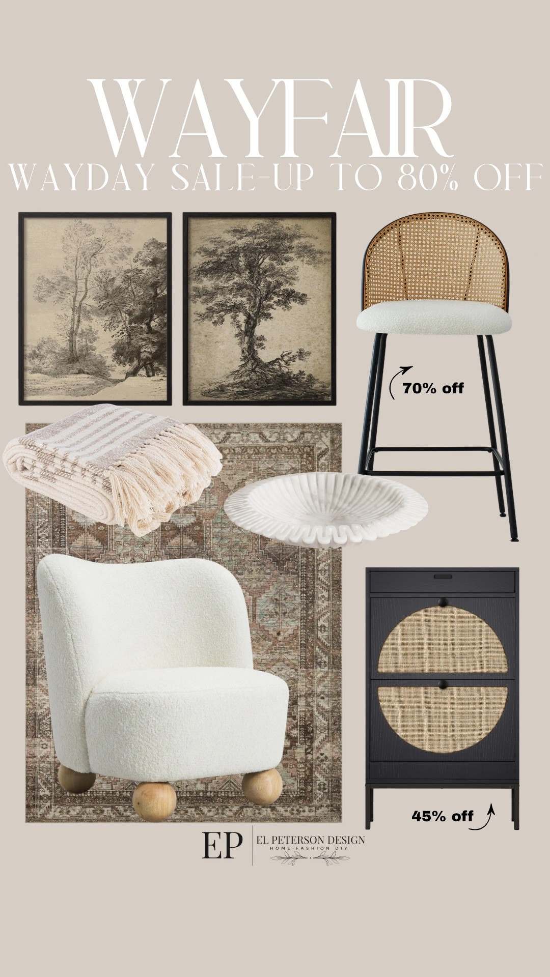 Wayfair wayday sale
Counter stool
Area rug
Cabinet
Bowl
Blanket
Artwork
Accent chair 

#LTKSaleAlert #LTKHome