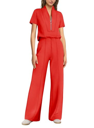 SENSERISE Womens Summer Jumpsuit Dressy Casual Short Sleeve One Piece Jumpsuit Wide Leg Half Zip Airport Travel Outfits(Red,XS) | Amazon (US)