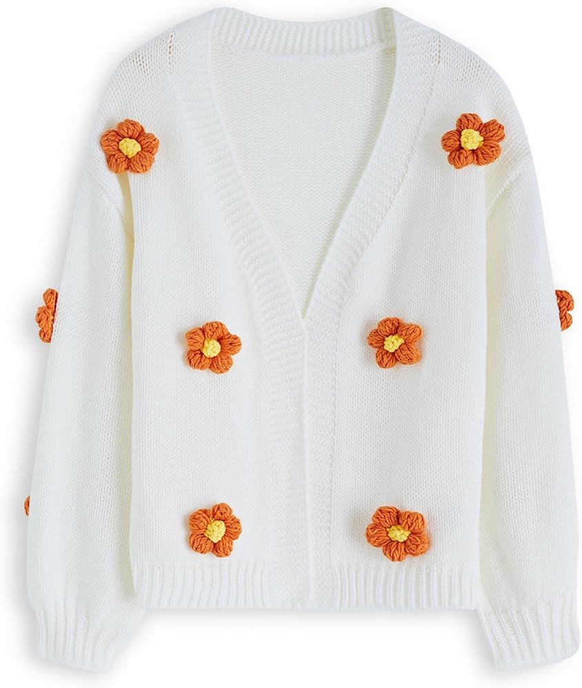 CHICWISH Women's White/Pink/Black/Tan/Lilac 3D Stitch Flower Open Front Knit Cardigan | Amazon (US)