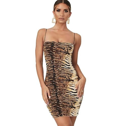Women’s Sexy Leopard Print Bodycon Mini Dress Summer Spaghetti Strap Backless Dress Short Midi Club Cocktail Party Dresses (US, Alpha, Large, Regular, Regular, Tiger) | Amazon (US)