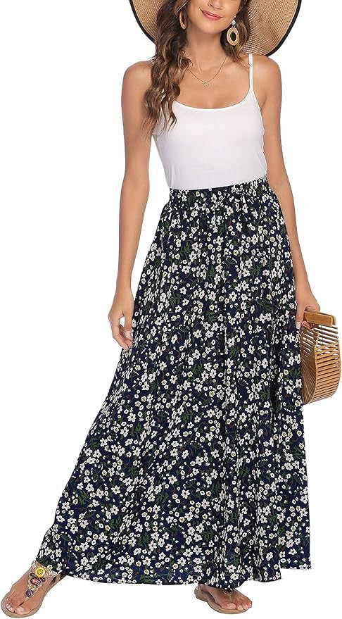 Bluetime Women Leopard Print Long Skirts Chiffon Summer Beach Pleated Elastic High Waisted Maxi S... | Amazon (US)