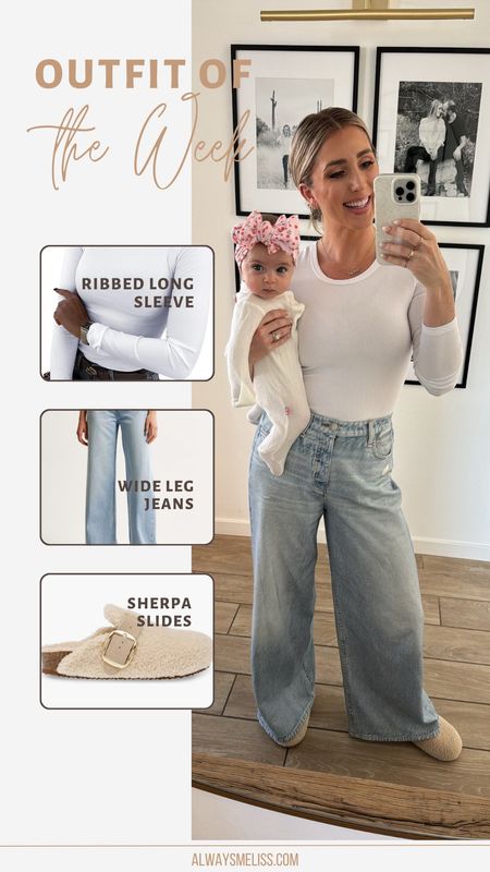 My wardrobe these days! Wide leg jeans are so comfortable. Paired with sherpa slides and a white ribbed long sleeve shirt from Amazon.

#LTKfindsunder50 #LTKshoecrush #LTKstyletip