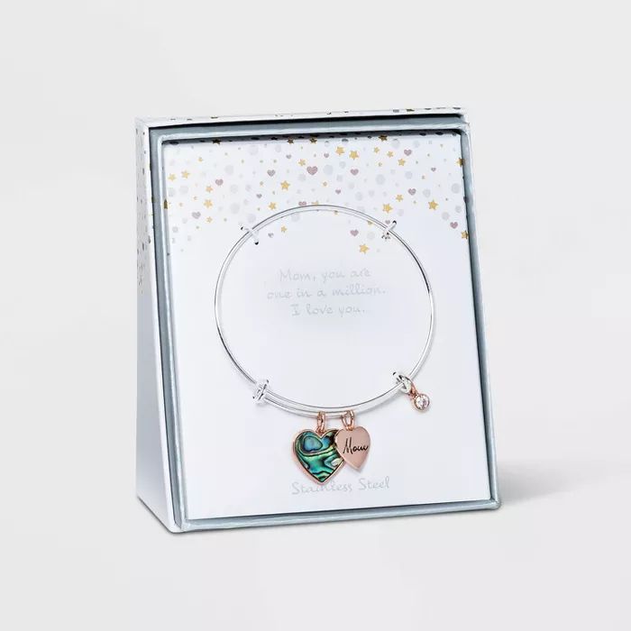 Abalone Heart and Cubic Zirconia'Mom' Charm Bracelet - Silver | Target