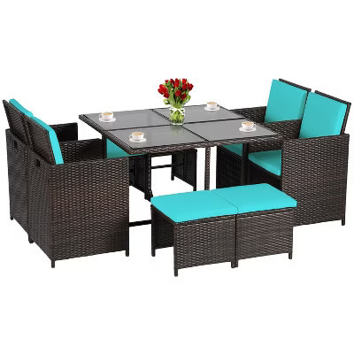 FDW Patio Dining Set Space-Saving 9-Piece Outdoor Patio Furniture Set with Glass-Topped Table, Blue | Target