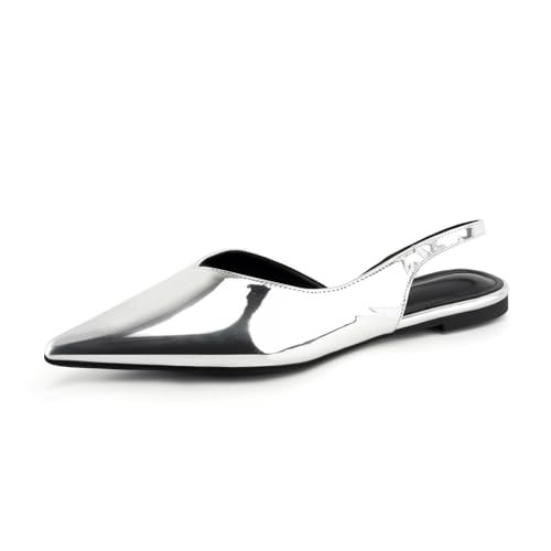 DREAMCIA Slingback Flats Shoes Metallic Silver Shoes for Women with Pointed Toe Silver 9.5 | Amazon (US)