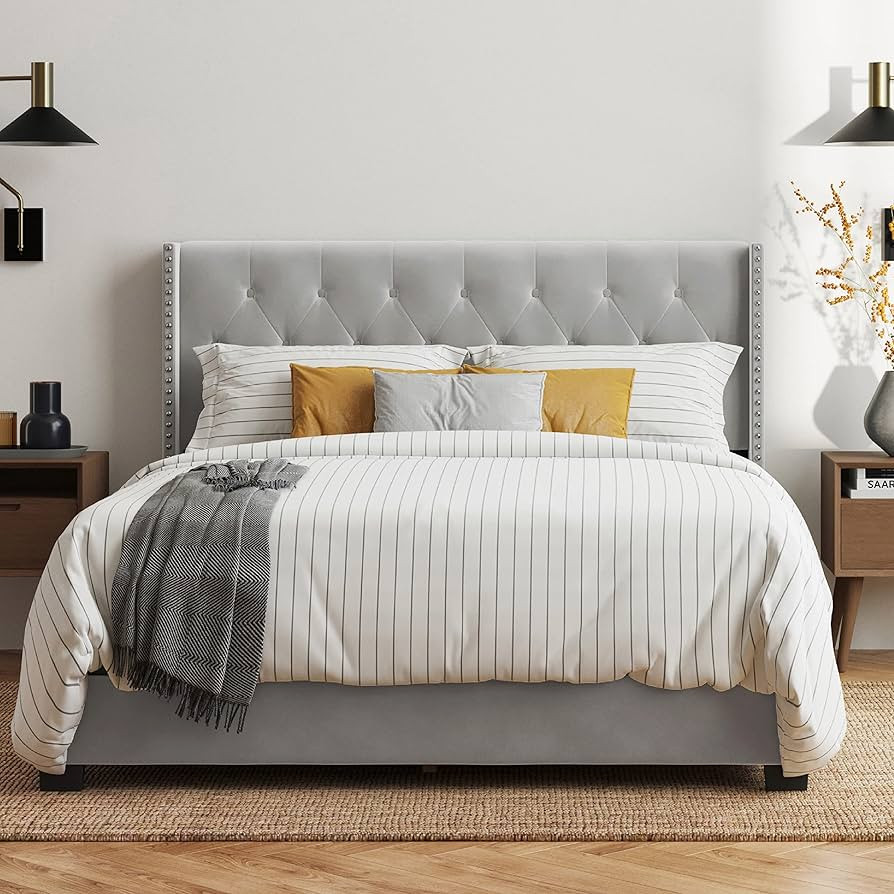 DG Casa Bardy Upholstered Panel Bed Frame with Diamond Button Tufted and Nailhead Trim Wingback H... | Amazon (US)