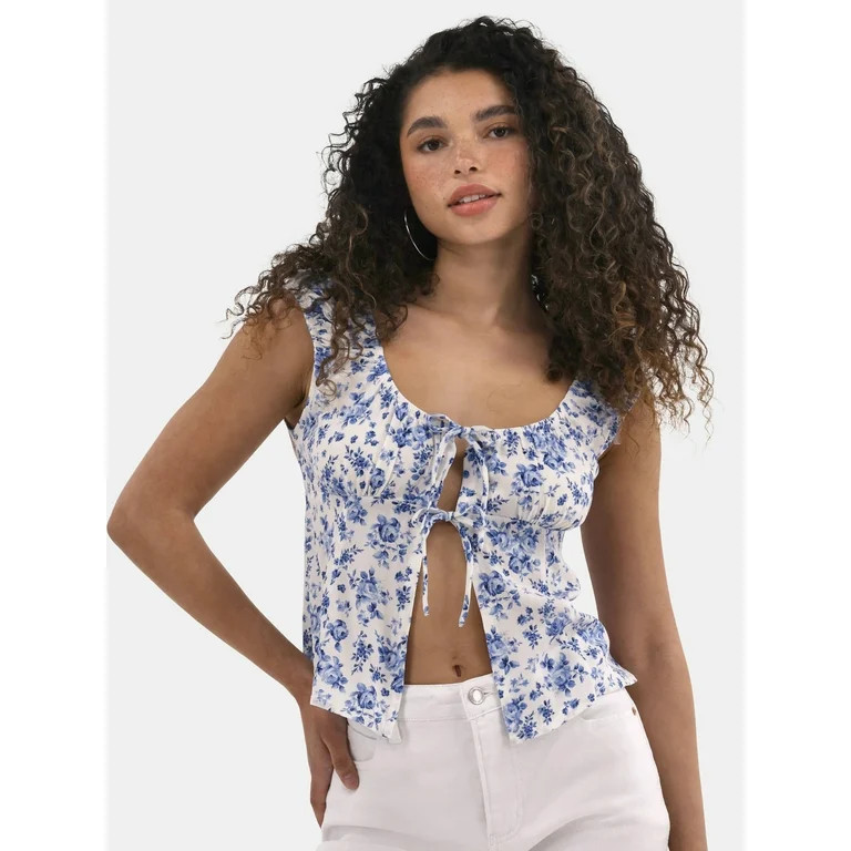 No Boundaries Tie Front Peasant Top, Women's | Walmart (US)