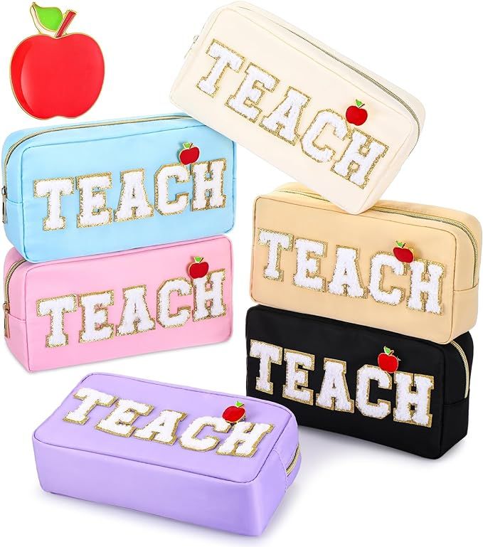 6 Pcs Teacher Chenille Letter Makeup Bags with 6 Pcs Teacher Pins Apple Pin Teacher Appreciation ... | Amazon (US)