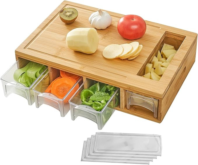 Bamboo Cutting Board with 4 Containers, Large Chopping Board with Juice Grooves, Easy-grip Handle... | Amazon (US)