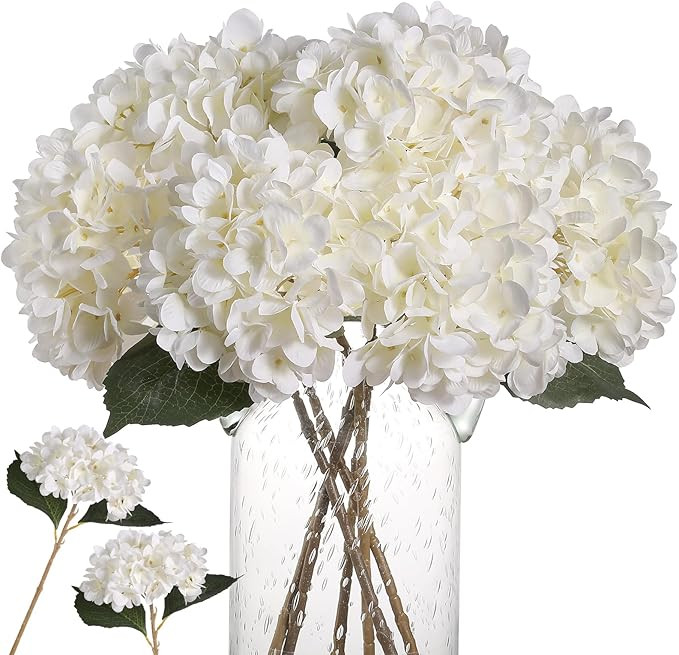 Kisflower 6pcs White Hydrangea Artificial Flowers - Faux Hydrangea Flowers, Fake Silk Flowers for... | Amazon (US)