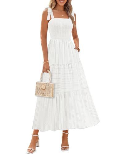 MEROKEETY Women's 2026 Spring Boho Maxi Dress Summer Beach Vacation Casual Sleeveless Smocked A Line Sundress with Pockets, Beige, Large | Amazon (US)