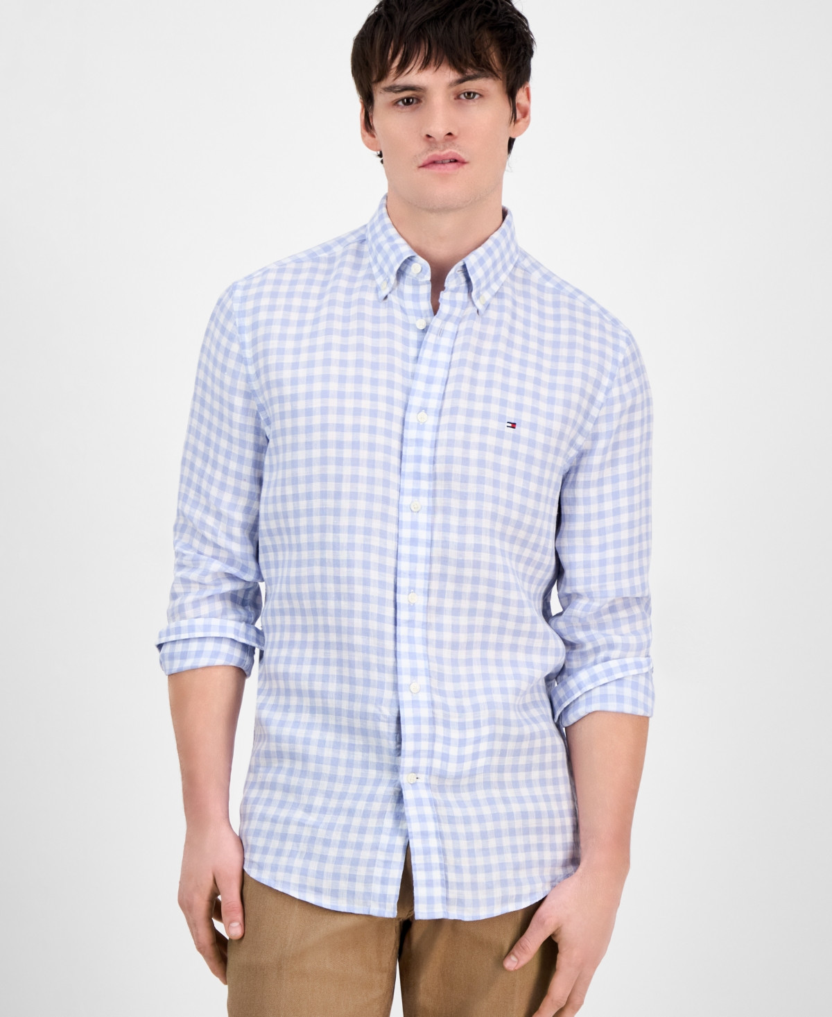 Tommy Hilfiger Men's Slim-Fit Gingham Linen Shirt - Breezy Blue / Check | Macy's