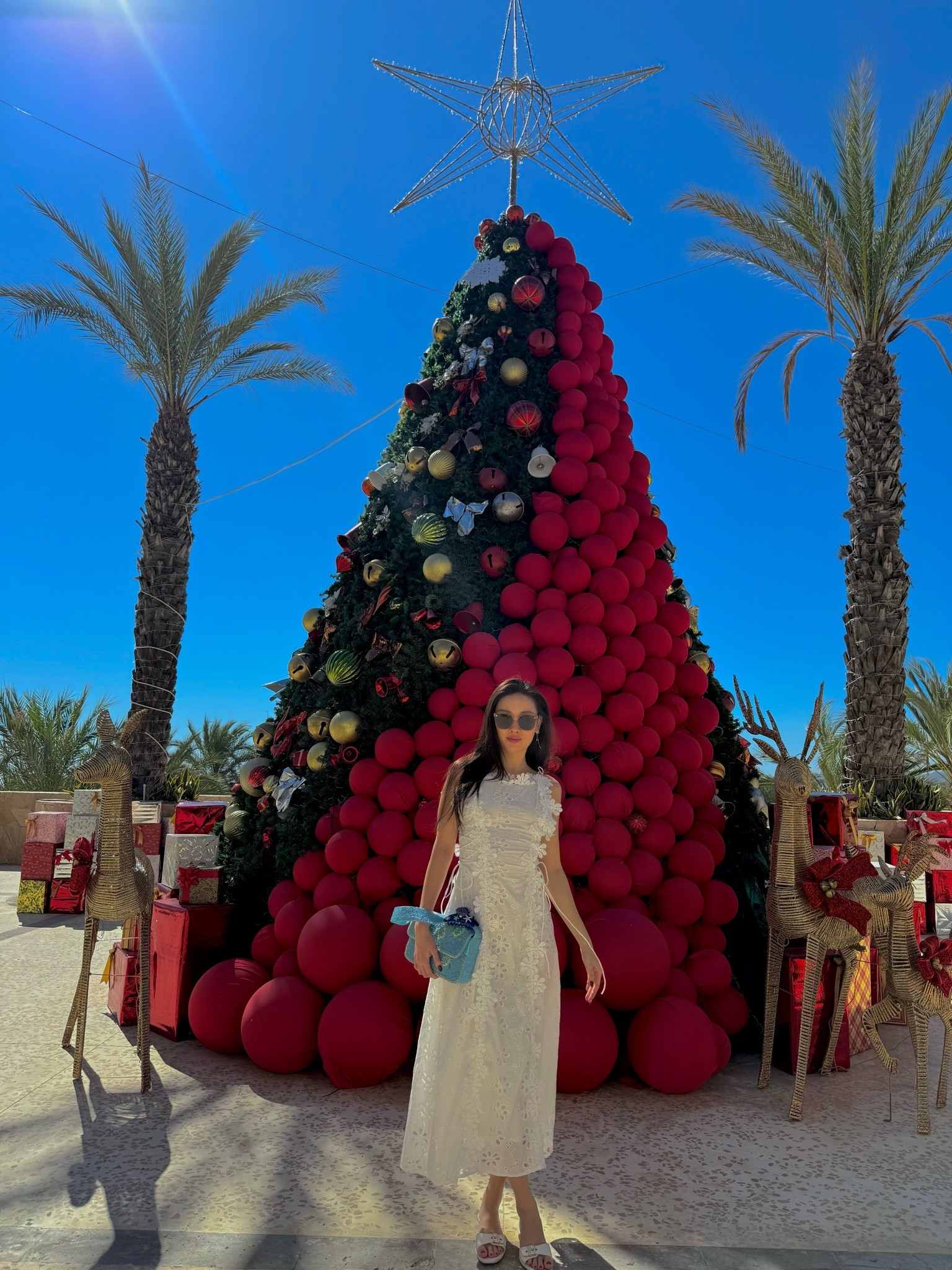 floral lace appliqué midi dress with a boat neckline, styled with white slide sandals, a sky blue beaded bow clutch, and sleek sunglasses for a tropical christmas holiday in cabo san lucas. the crisp white lace silhouette against the bold red ornament tree and palm trees makes this the perfect warm-weather holiday vacation outfit. perfect for cabo christmas trips, tropical holiday vacations, baja resort getaways, and warm weather december escapes. shop this look linked above.