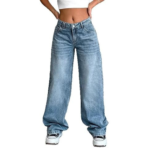 Women's Y2k Low Rise Baggy Jeans Washed Straight Wide Leg Denim Pants Casual Loose Vintage Fit Boyfriend Jean Denim Pants Retro Blue | Amazon (US)