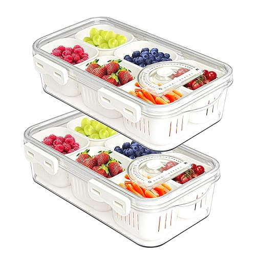 MineSign 2Pack Divided Food Serving Tray with Lids Stackable Snackle Box for Candy Nuts Spice Fruit&Veggie Container with 6 Small Dividers Plastic Storage Bins for Fridge Pantry Freezer | Amazon (US)