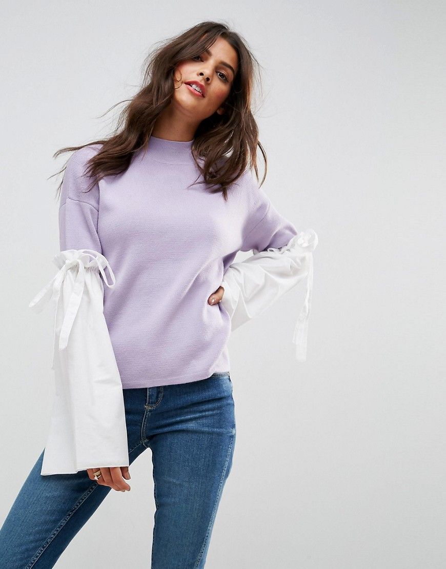 ASOS Jumper With Fabric Flared Sleeves - Lilac | ASOS UK