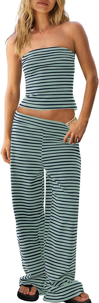 Panadila Womens Striped Two Piece Sets Summer Lounge Outfits Sailor Tube Top and Pants Matching S... | Amazon (US)