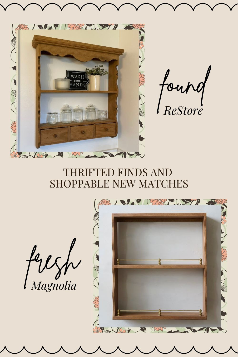Here are vintage-inspired cabinets that are a close match to my thrift store score—perfect wood tones, brass rail details, and dreamy scalloped edges! 🤎 

Shop them here & check out my thrifted version on the blog: https://tantrumsandtools.com/thrifted-home-decor-wooden-wall-shelf-bathroom-cabinet/! 

 #LTKHome