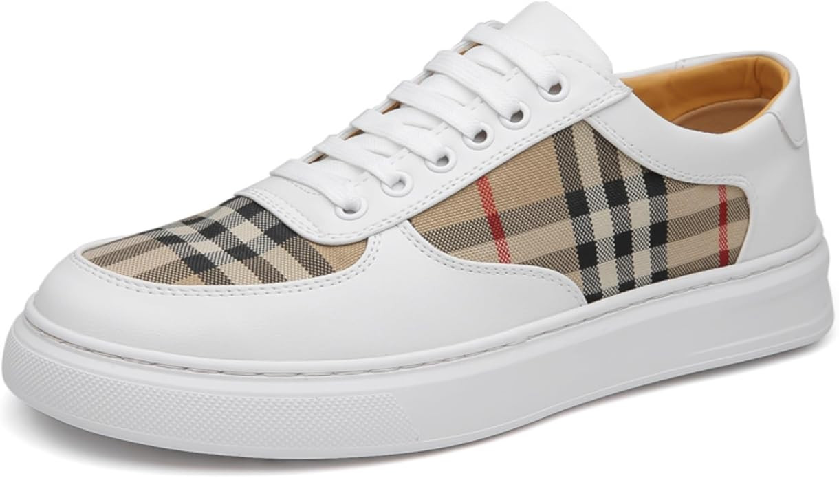 Men's Lace - up Plaid - Paneled Sneakers, Casual Low - top Canvas & Leather Shoes for Daily & Str... | Amazon (US)