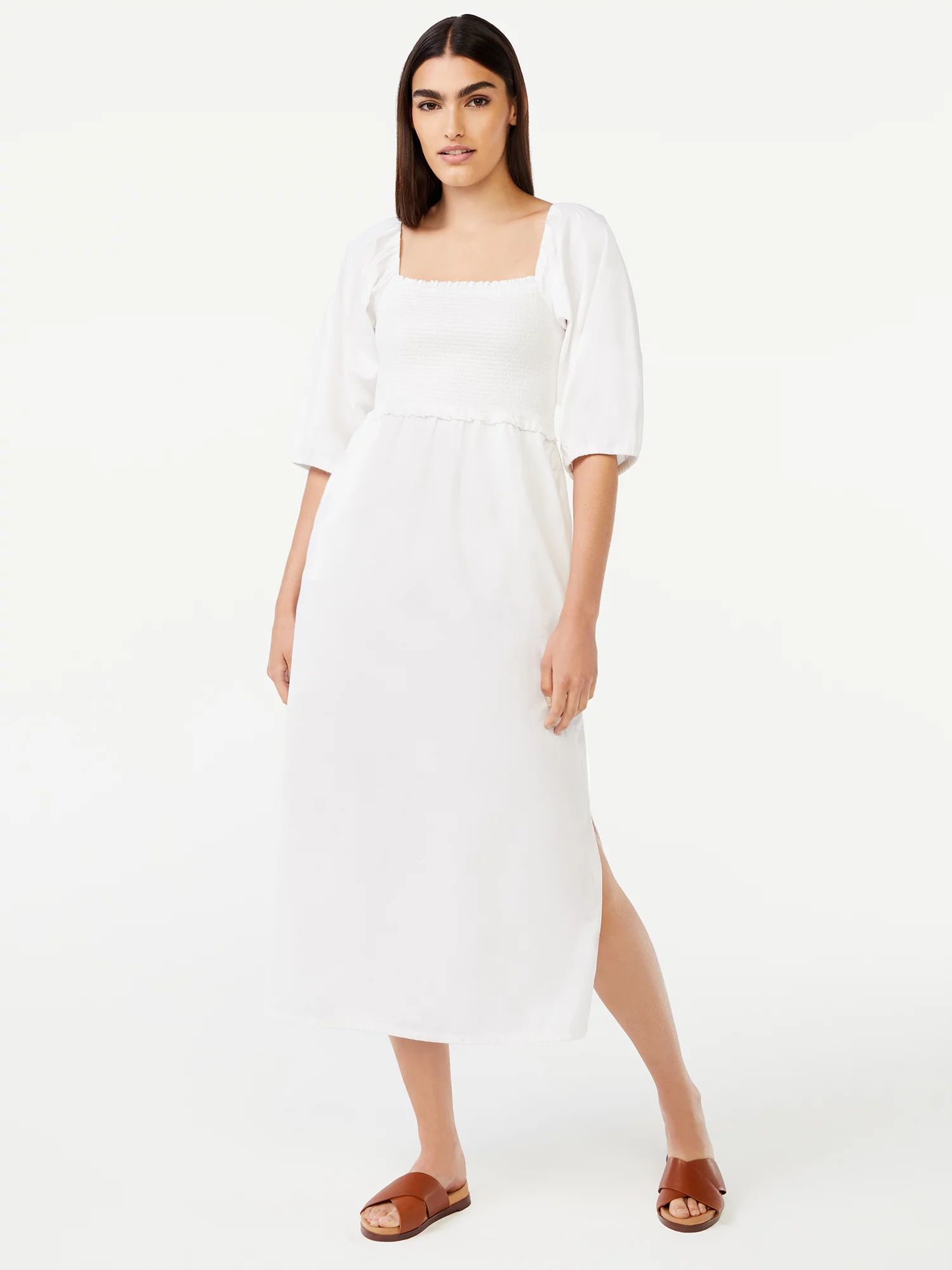 Free Assembly Women's Smocked Midi Dress with Convertible Sleeves - Walmart.com | Walmart (US)