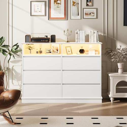 IDEALHOUSE 6 Drawer Dresser for Bedroom with LED Lights & Charging Station, Modern White Dresser with LED for Bedroom, Wide Chest of 6 Drawers with Open Storage Shelf for Living Room, Hallway, Closet | Amazon (US)